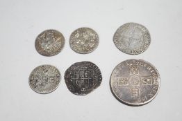 Six British silver coins, comprising: Elizabeth I shilling c.