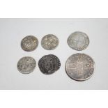 Six British silver coins, comprising: Elizabeth I shilling c.