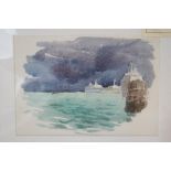 David Hutter (1930 - 90) Cruise Ships at Anchor Watercolour 12cm x 17cm with gallery label