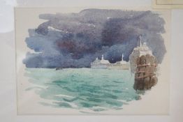 David Hutter (1930 - 90) Cruise Ships at Anchor Watercolour 12cm x 17cm with gallery label