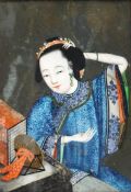 A late 18th century Chinese reverse glass painting, of a lady fixing her hair 48.