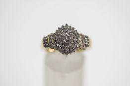 A 9 carat gold diamond cluster ring, set with seventy eight single cuts, finger size P, 4.