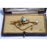 An Edwardian gem set bug bar brooch, the opal abdomen to a sapphire thorax, with ruby set eyes,