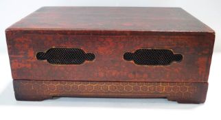 A Chinese lacquered cricket box, the sides with shaped metal mesh air holes,