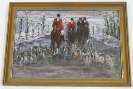 Rita Beckett (Local Artist) 'Coming Home'/The Priddy Hunt Oil on board monogrammed lower right 38.