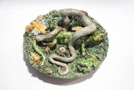 A Palissy style lizard and insect dish, by Caldas Rainha Portuguese pottery,