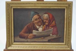 Achile Petrocelli Elderly Couple Reading the Paper Oil on board signed lower right 24cm x 36cm