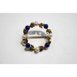 A 9 carat gold lapis lazuli and cultured pearl circlet brooch, 2.5 cm diameter, 3.