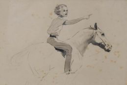 Attributed to Lucy Kemp-Welsh (1869-1958) Study of a child on a pony pencil and watercolour 16cm x