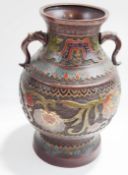 A 20th century bronze Japanese vase champleve enamel decoration and animal handles,