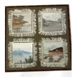 Three sets of framed Japanese silk panels, each containing four pictures of pagodas and landscapes,