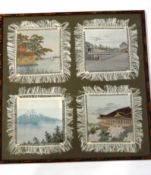 Three sets of framed Japanese silk panels, each containing four pictures of pagodas and landscapes,