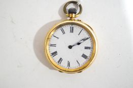 A fob watch, stamped '18k', with a white enamel dial, black Roman numerals and hands,