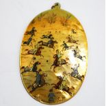 A Persian mother of pearl painted shell pendant, depicting a polo game, 8.