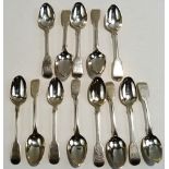 A set of seven William IV silver fiddle pattern tea spoons;