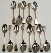 A set of seven William IV silver fiddle pattern tea spoons;