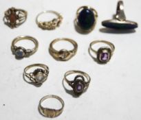 Two silver and marcasite rings together with eight other silver rings,