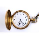 Anonymous, a 9 carat gold hunter pocket watch, the white enamel dial with black Arabic numerals,