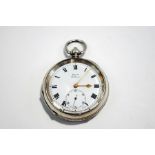 Kays, Challenge, a silver open faced pocket watch, the white enamel dial with black Roman numerals,
