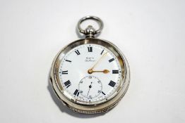 Kays, Challenge, a silver open faced pocket watch, the white enamel dial with black Roman numerals,