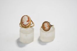 A 9 carat gold shell cameo ring, finger size M; with another smaller similar unmarked ring,