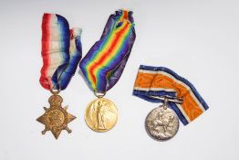 A group of three WWI medals, the 1914 Star, the Allied Victory medal, the British War medal,