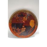 A Japanese lacquered tray, decorated with two cockerells,