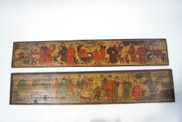 A pair of large Chinese wooden wall panels, each painted with various figures,