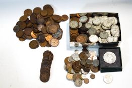 A quantity of coinage: florins, sixpences, shillings, Victorian pennies,