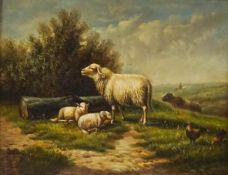Style of Sidney Thomas Cooper Sheep with lambs and chickens Oil on panel Monogrammed TSC lower