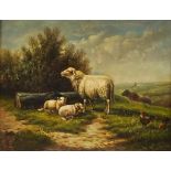 Style of Sidney Thomas Cooper Sheep with lambs and chickens Oil on panel Monogrammed TSC lower