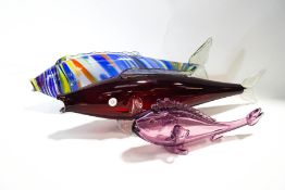 Three Murano coloured glass fish,