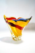 A Murano yellow glass vase with red and blue streaked decoration,