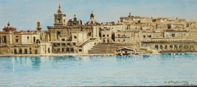Vicenzo D'Esposito (Maltese) 1866-1946 'Port of Valetta - Malta Watercolour Signed 9cm x 20cm
