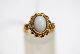 A 9 carat gold single stone opal ring, finger size N, 3.