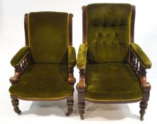 A pair of Victorian mahogany armchairs, each with button backs, with turned legs and casters,