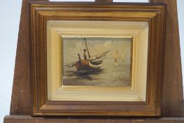 Guido Borelli Boy on a Fishing Boat Oil on board signed lower right 12.5cm x 17.