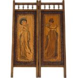 A small Victorian two fold screen, pierced decoration bordering carved and painted ladies dressed,