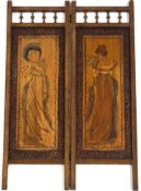 A small Victorian two fold screen, pierced decoration bordering carved and painted ladies dressed,