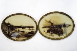 Two Victorian oval photographs, one of a pier with steam boats alongside,