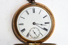 Waltham, a gilt metal hunter pocket watch, the white enamel dial with black Roman numerals,