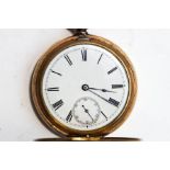 Waltham, a gilt metal hunter pocket watch, the white enamel dial with black Roman numerals,