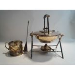 A silver plated kettle on stand, with burner; and a Hurricane chamber stick,