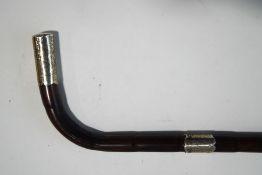 A slim walking stick with extended silver tip and silver band