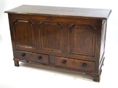 An 18th century mule chest with triple shaped panelled front above two short drawers with later