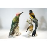 Two Karl Ens figures of a Green Woodpecker, 23cm high and a pair of exotic birds,