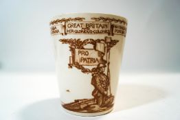 A Royal Doulton WWI Victory and Peace commemorative beaker, with brown transfer printed decoration,