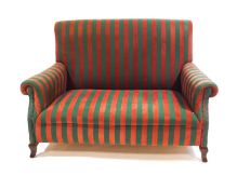 An early 20th century two seat sofa, upholstered in green and red striped fabric,