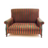 An early 20th century two seat sofa, upholstered in green and red striped fabric,