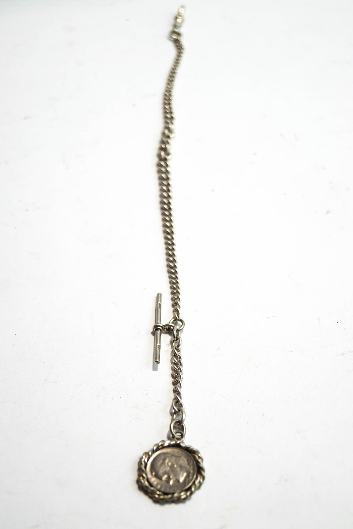 A silver watch chain, of graduated curb links, with a 1975 American One Dime coin attached, - Image 2 of 2